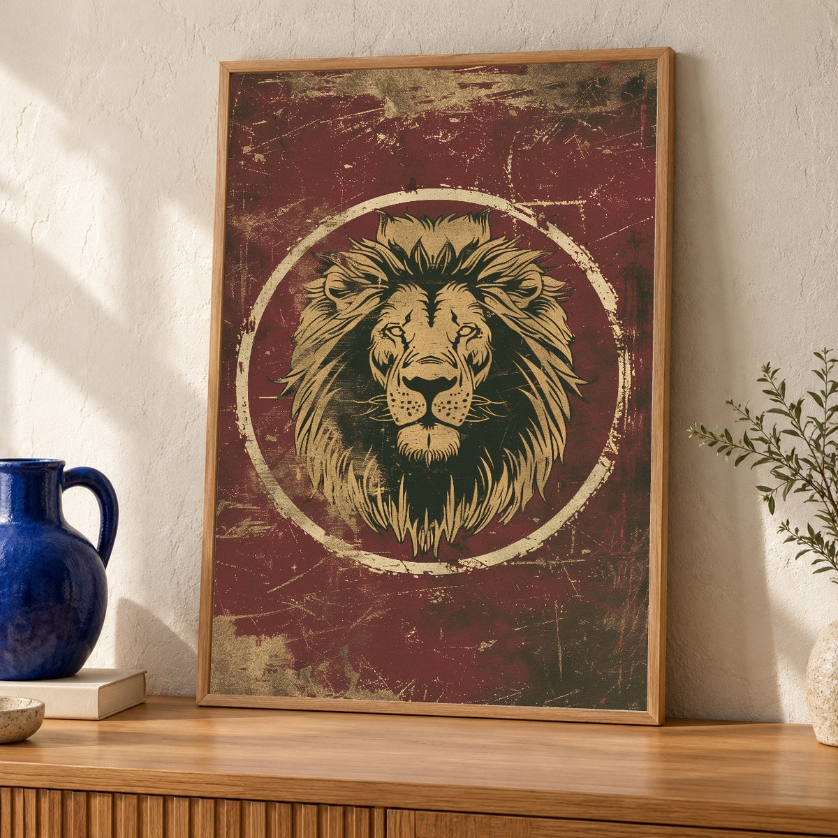 Retro Lion Head Art, Vintage Emblem Poster, Masculine Print — oak frame room mockup