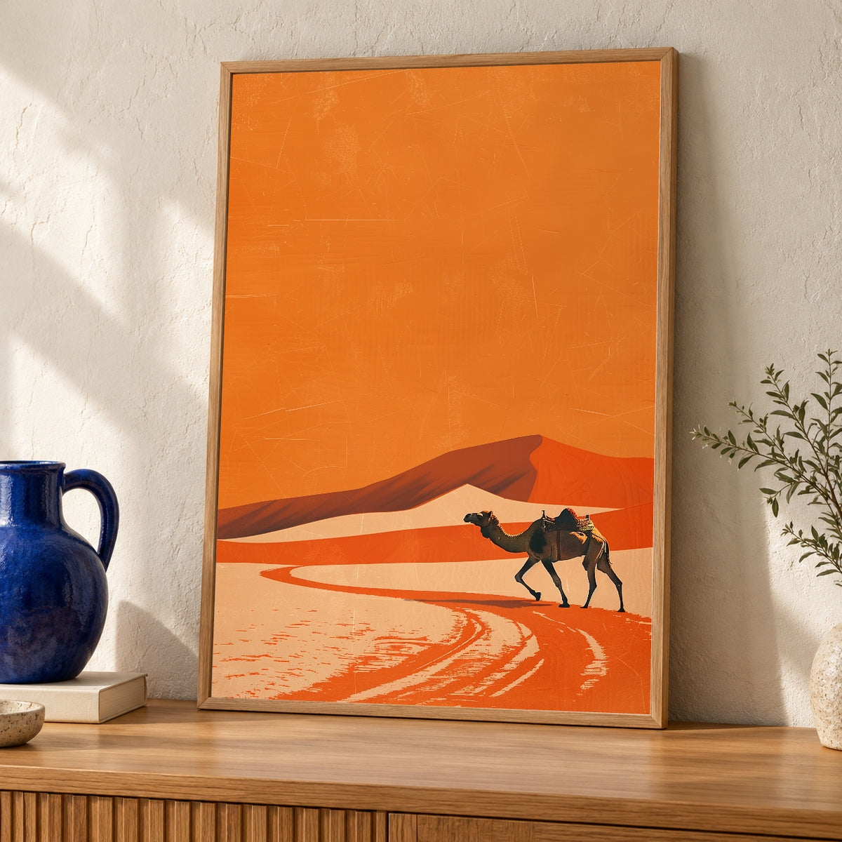 Retro Desert Art, Vintage Camel Sand Dunes Print — oak frame room mockup