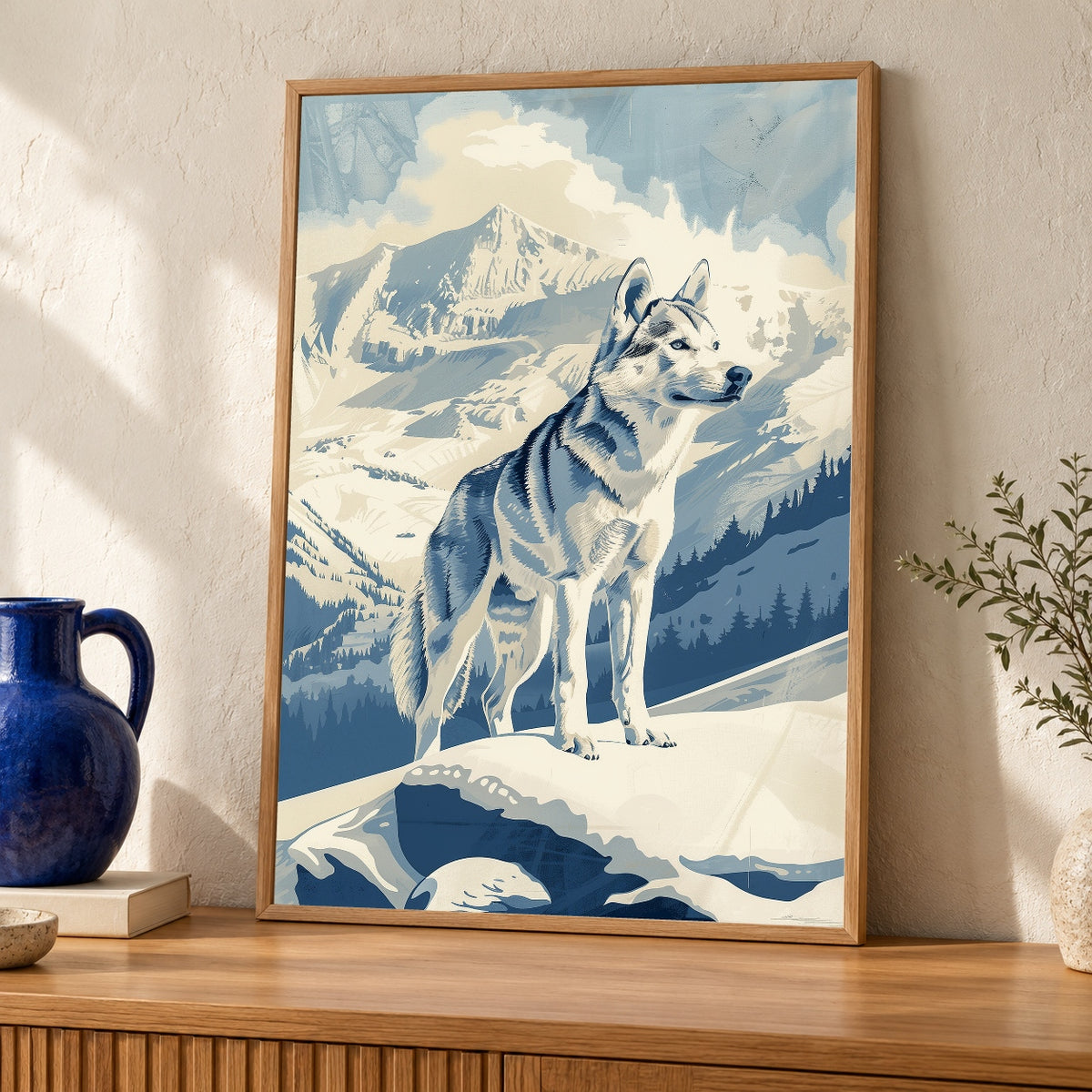 Husky Dog Wall Art, Retro Snowy Mountain Poster, Vintage Winter Print — oak frame room mockup
