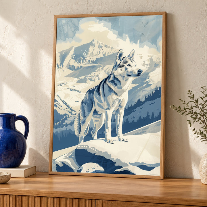 Husky Dog Wall Art, Retro Snowy Mountain Poster, Vintage Winter Print