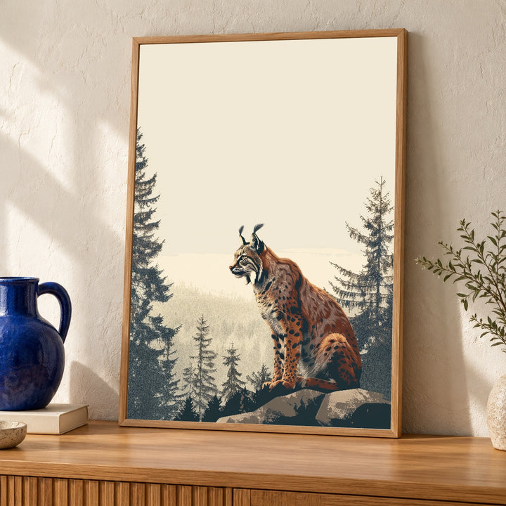 Retro Lynx Art Print, Minimalist Pine Forest Poster, Vintage Wildlife