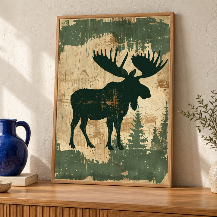 Moose Silhouette Art, Vintage Forest Lodge Poster, Retro Wall Decor