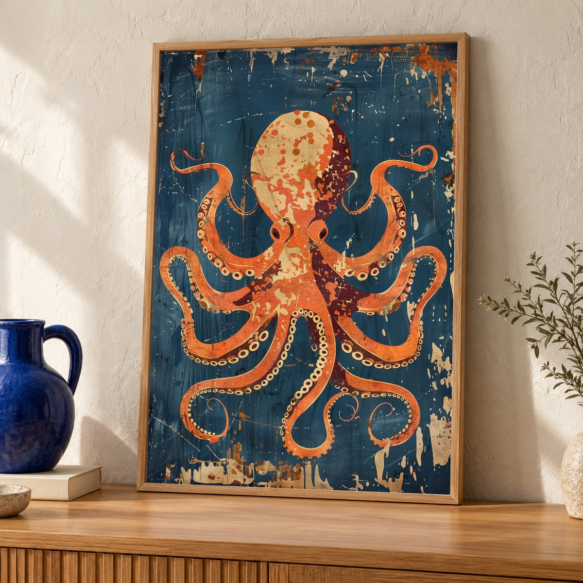Vintage Octopus Art, Retro Kraken Poster, Nautical Coastal Print — oak frame room mockup