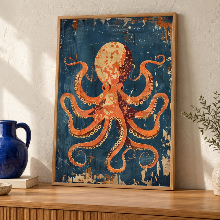 Vintage Octopus Art, Retro Kraken Poster, Nautical Coastal Print
