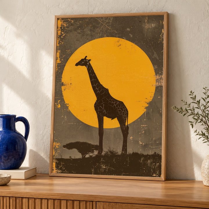 African Safari Art, Vintage Giraffe Sunset Print, Retro Savannah Poster