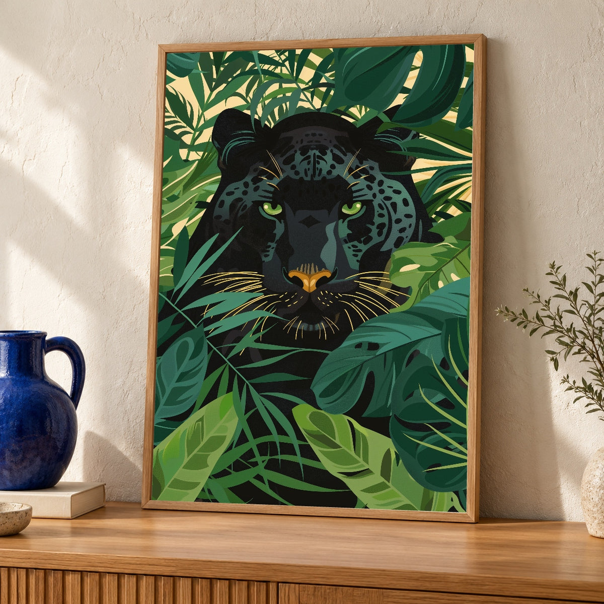 Black Panther Art Print, Retro Jungle Wall Decor, Tropical Botanical Poster, Exotic Animal Illustration, Emerald Green Foliage Glossy — oak frame room mockup