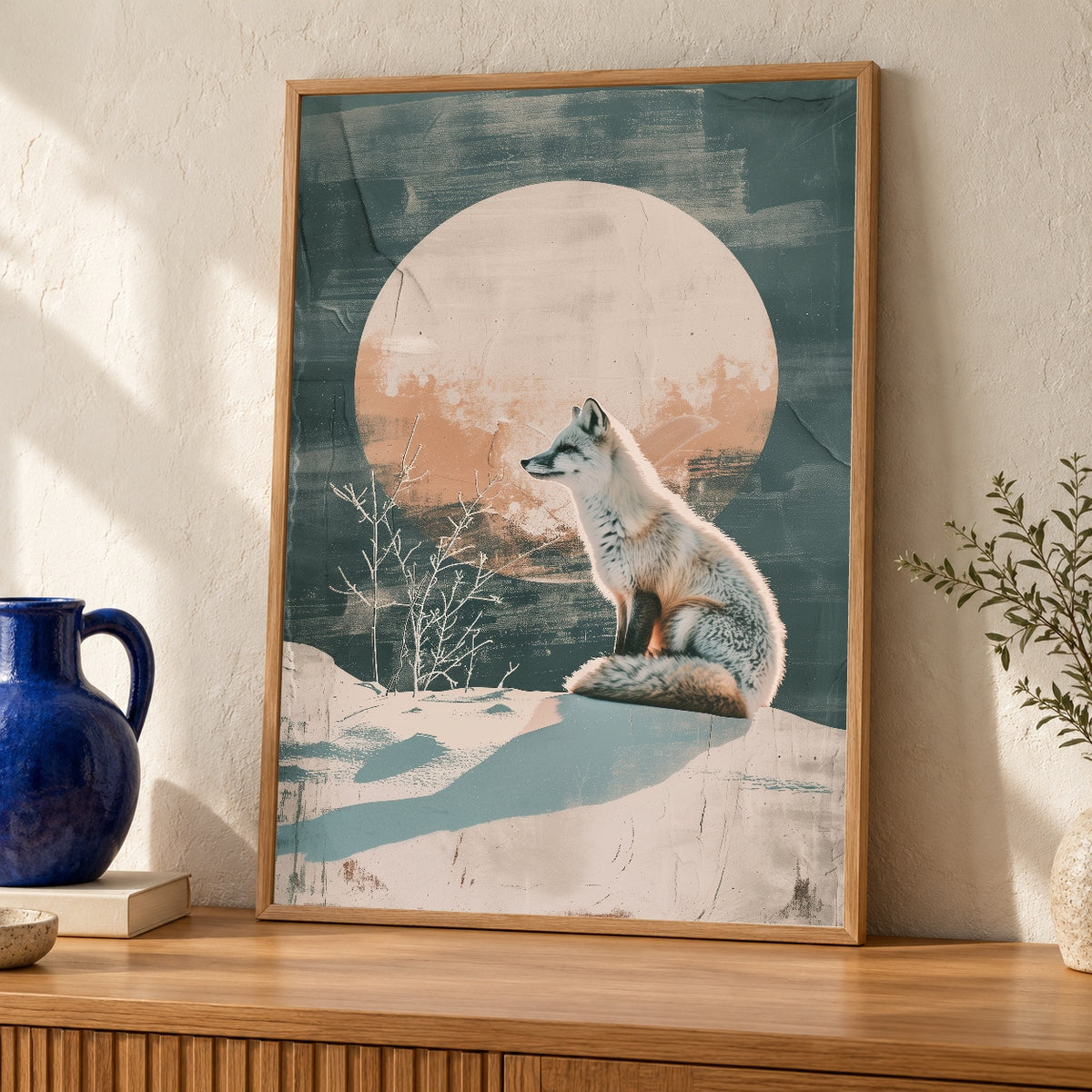 Arctic Fox Art Print, Retro Winter Landscape, Snowy Wildlife Poster — oak frame room mockup