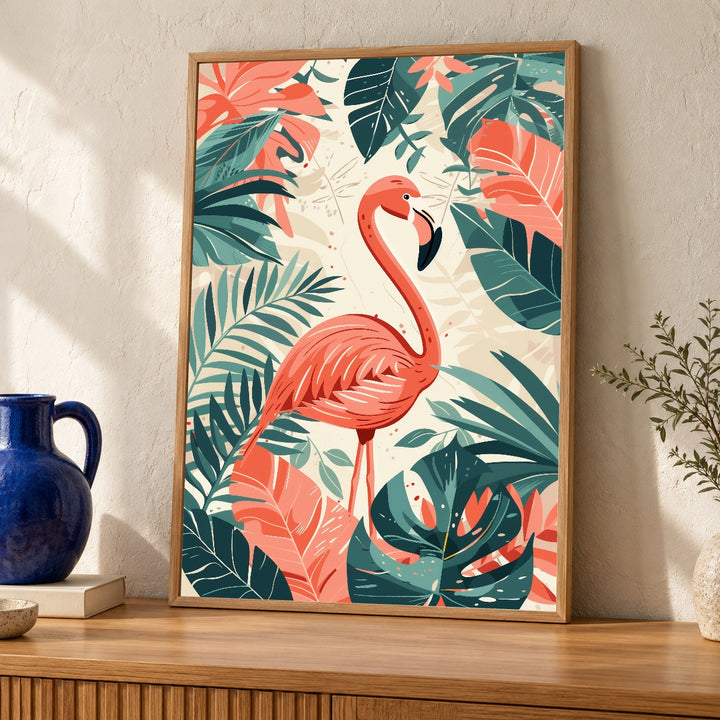 Retro Pink Flamingo Art, Vintage Tropical Botanical Print