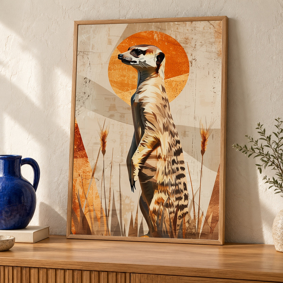 Retro Desert Sunset Art, Vintage Meerkat Wildlife Poster — oak frame room mockup