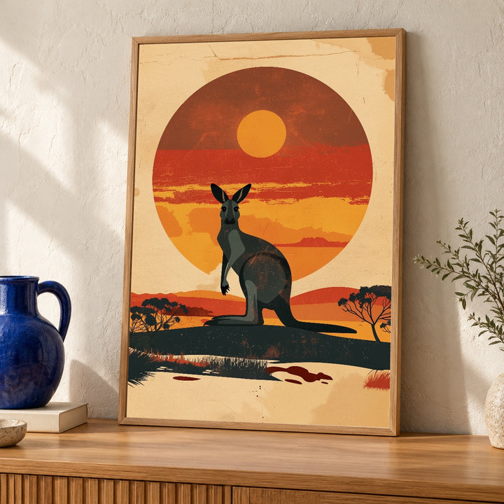 Retro Kangaroo Art, Vintage Australian Outback Sunset