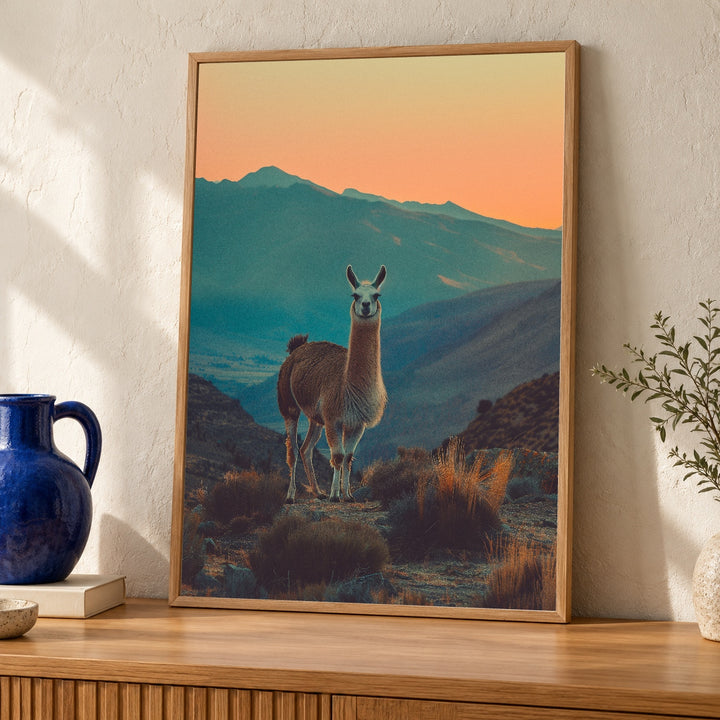 Vintage Llama Art, Retro Mountain Desert Sunset Wildlife Print