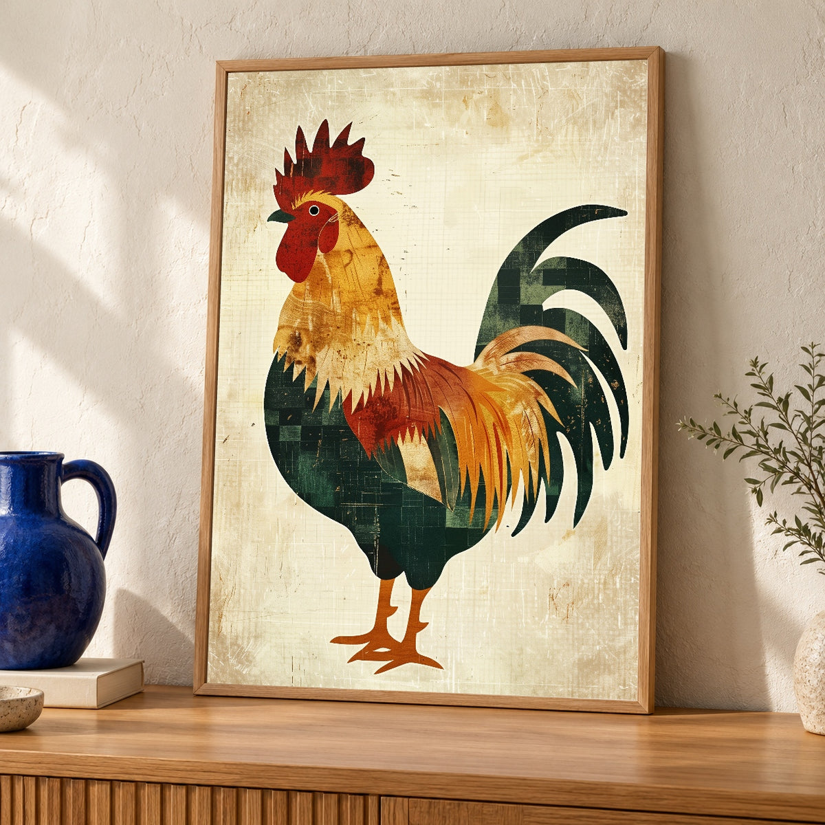 Retro Rooster Art, Vintage Farmhouse Kitchen Print — oak frame room mockup