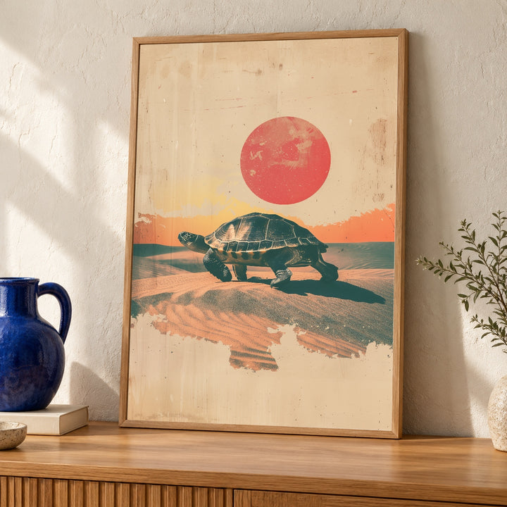 Retro Turtle Art Print, Vintage Desert Sunset Poster, Sand Dunes