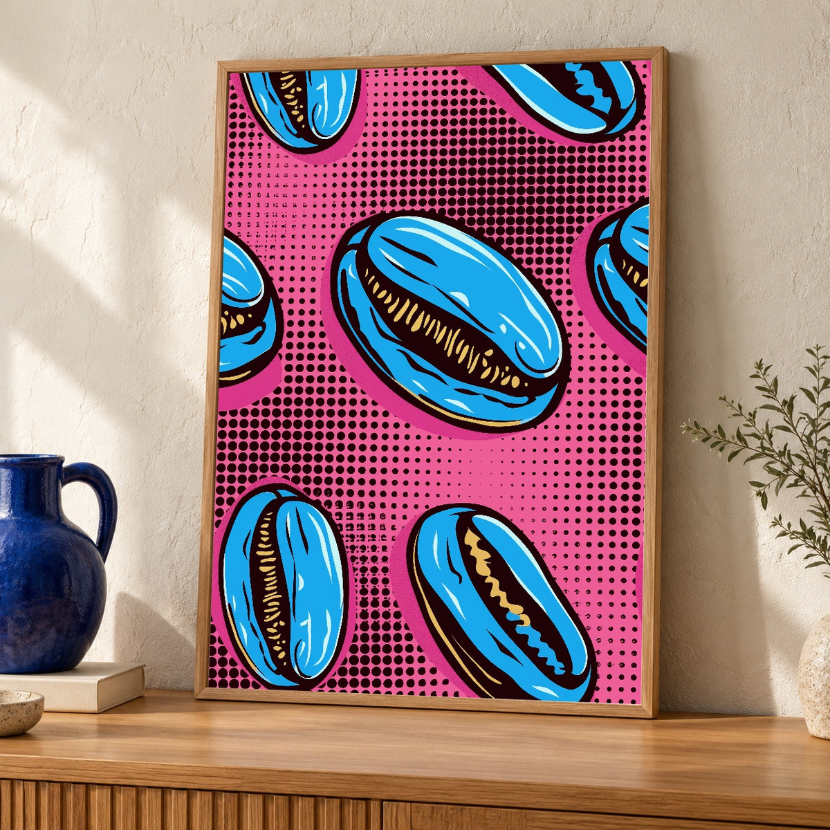 Retro Coffee Art, Blue Pop Print, Vibrant Kitchen Decor — oak frame room mockup