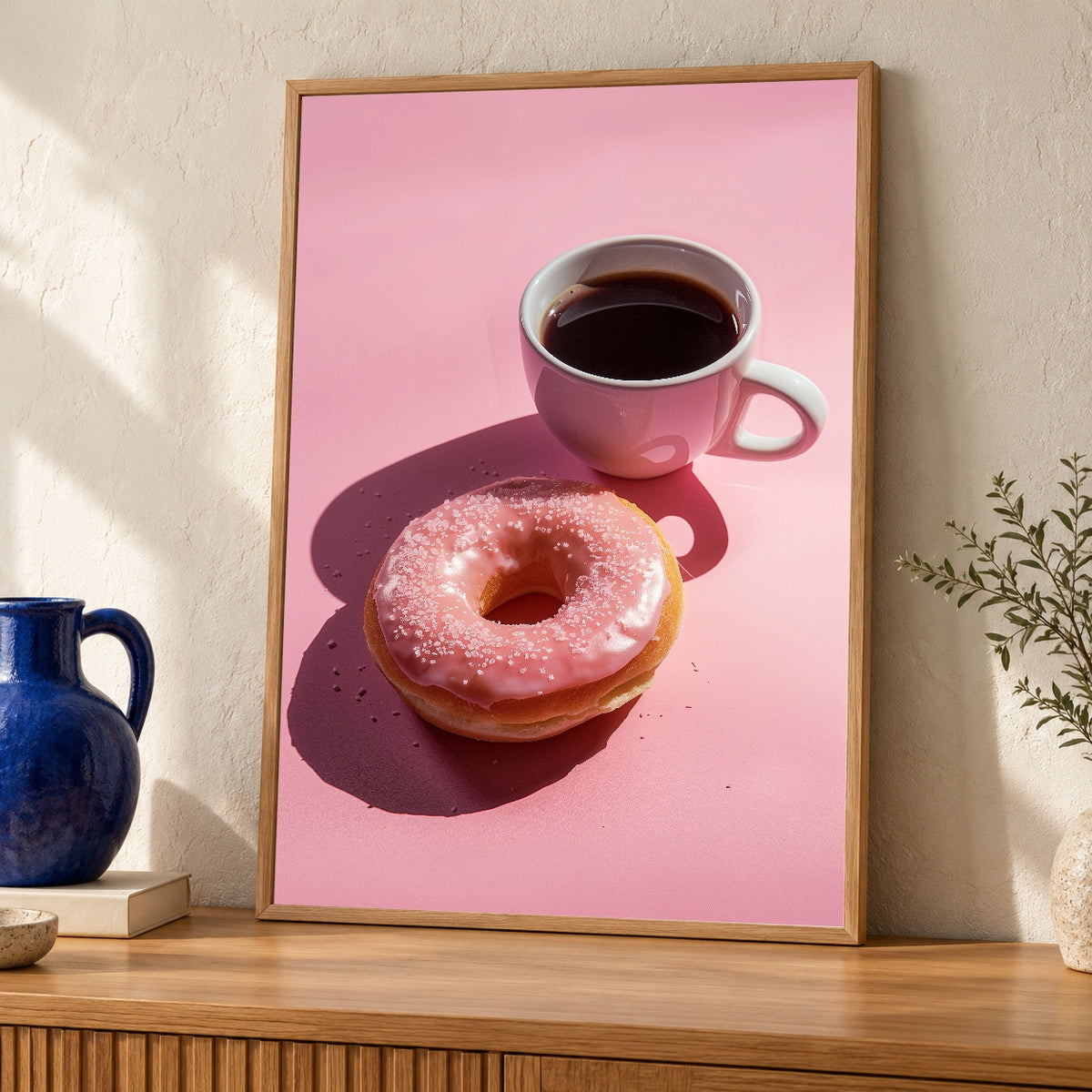 Retro Coffee Art, Pink Donut Kitchen Print, Diner Wall Decor — oak frame room mockup