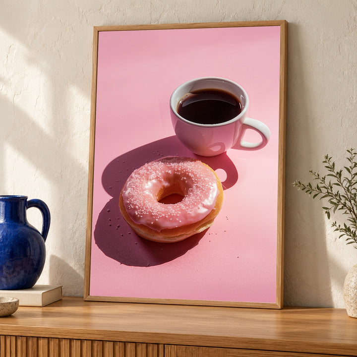 Retro Coffee Art, Pink Donut Kitchen Print, Diner Wall Decor
