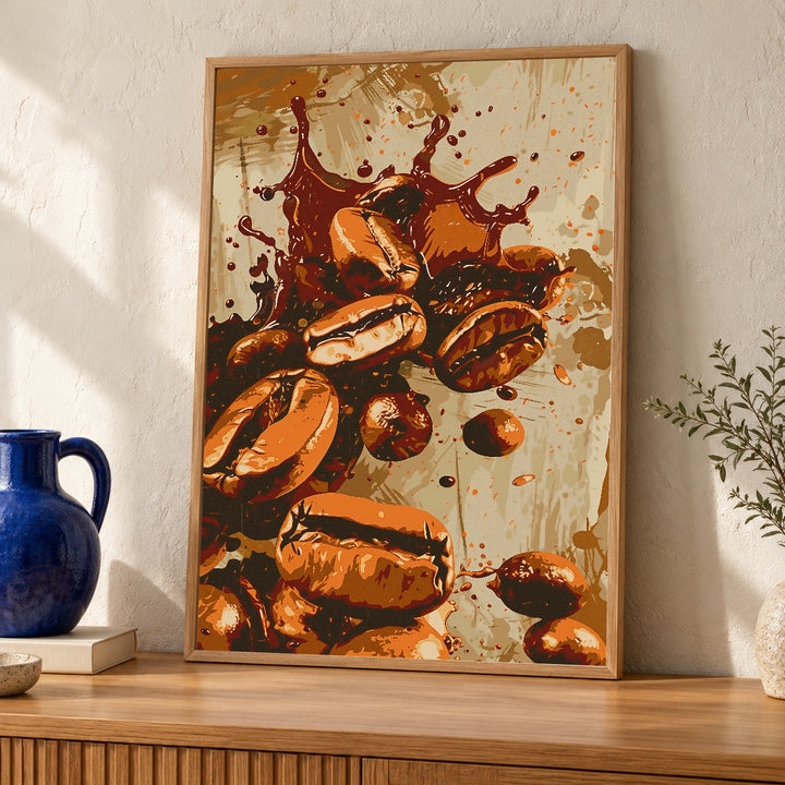 Retro Coffee Art, Bold Roasted Beans Splash Print, Vintage Kitchen Decor