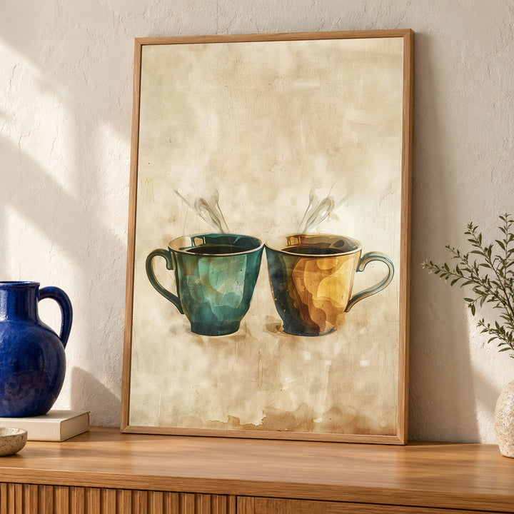 Vintage Coffee Art, Rustic Kitchen Decor, Teal Ochre Cup Print