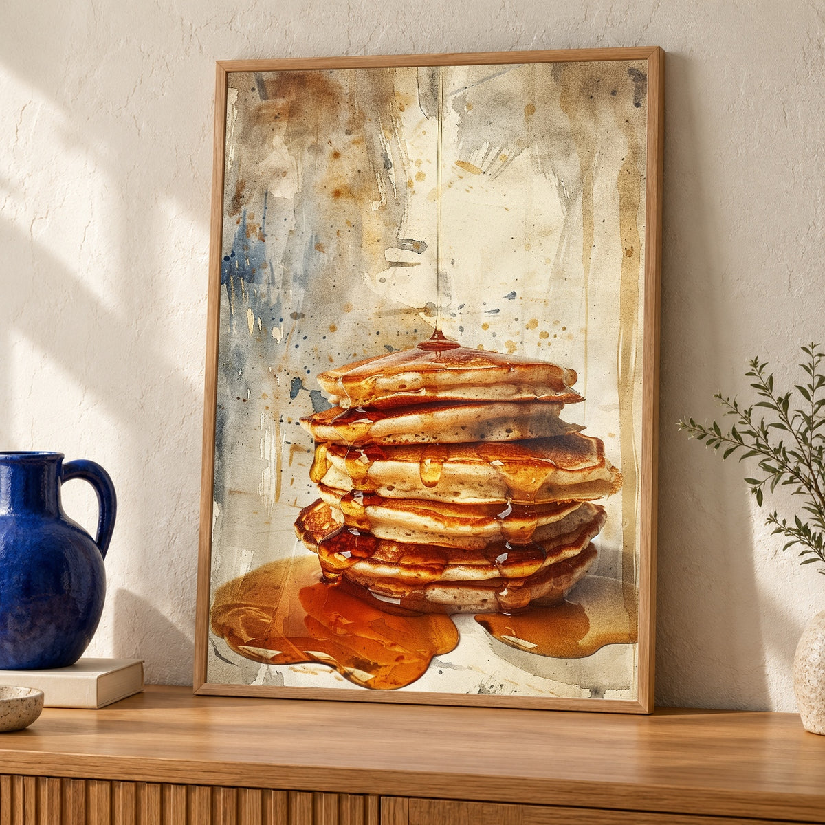 Pancake Wall Art, Watercolor Syrup Stack Print — oak frame room mockup