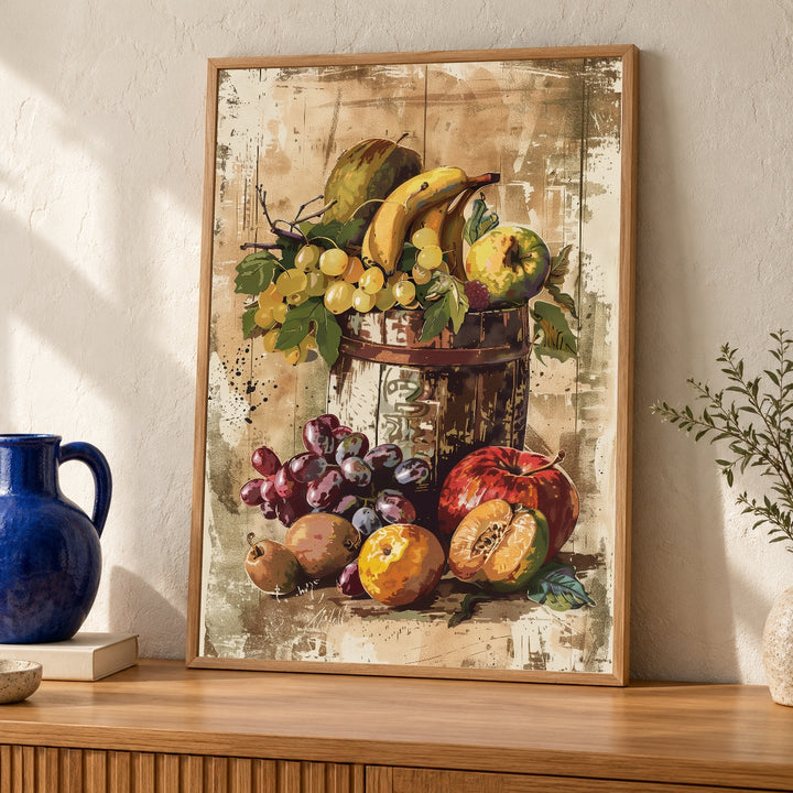 Vintage Fruit Still Life, Rustic Kitchen Print, Farmers Market Decor