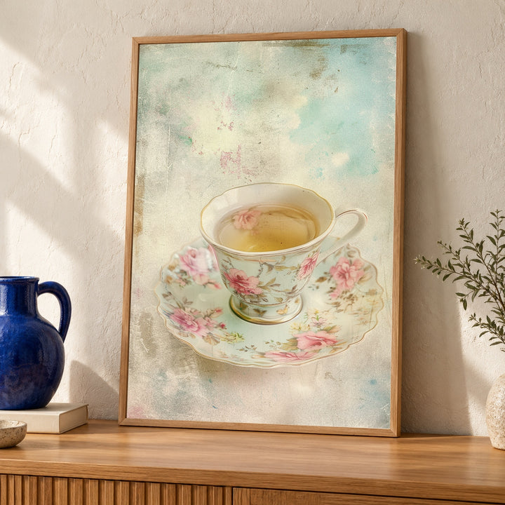 Vintage Teacup Art, Shabby Chic Rose Print, Cottage Floral