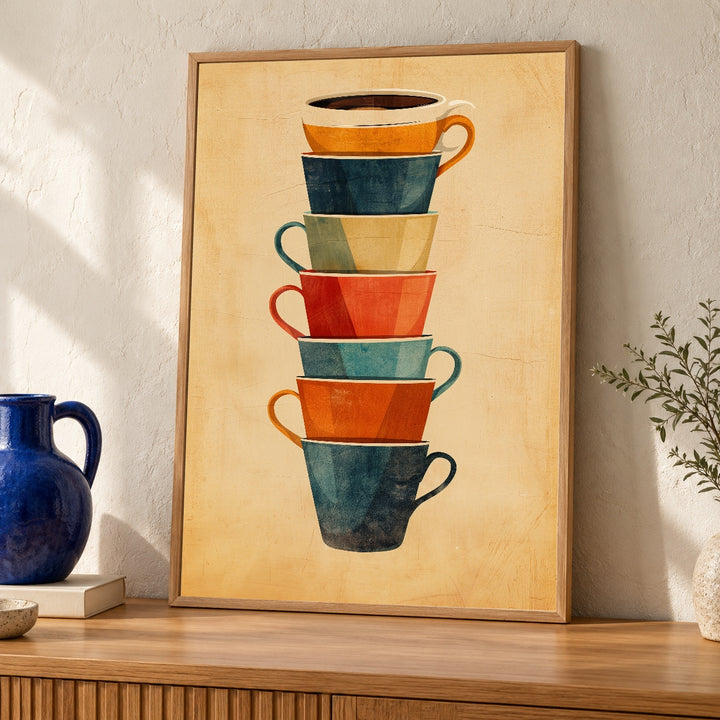Retro Coffee Art, Vintage Stacked Cups Print, Mid Century Kitchen