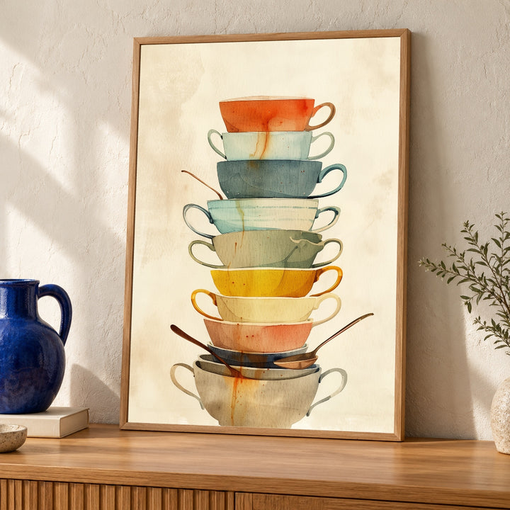 Retro Tea Cup Art, Stacked Cups Watercolor Print, Vintage Kitchen Decor