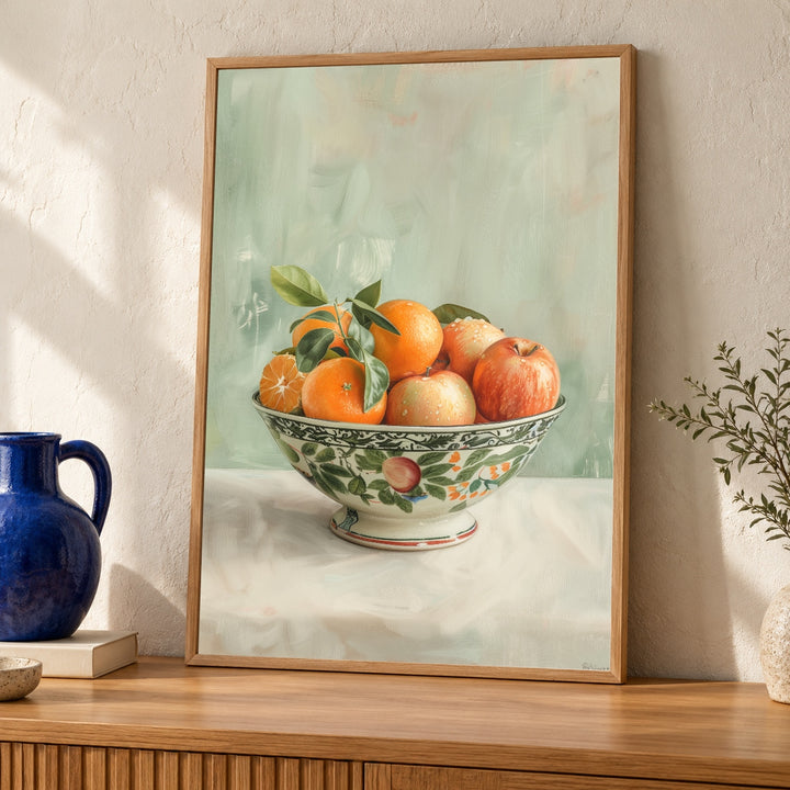 Fruit Bowl Still Life, Vintage Ceramic Print, Oranges Apples Decor