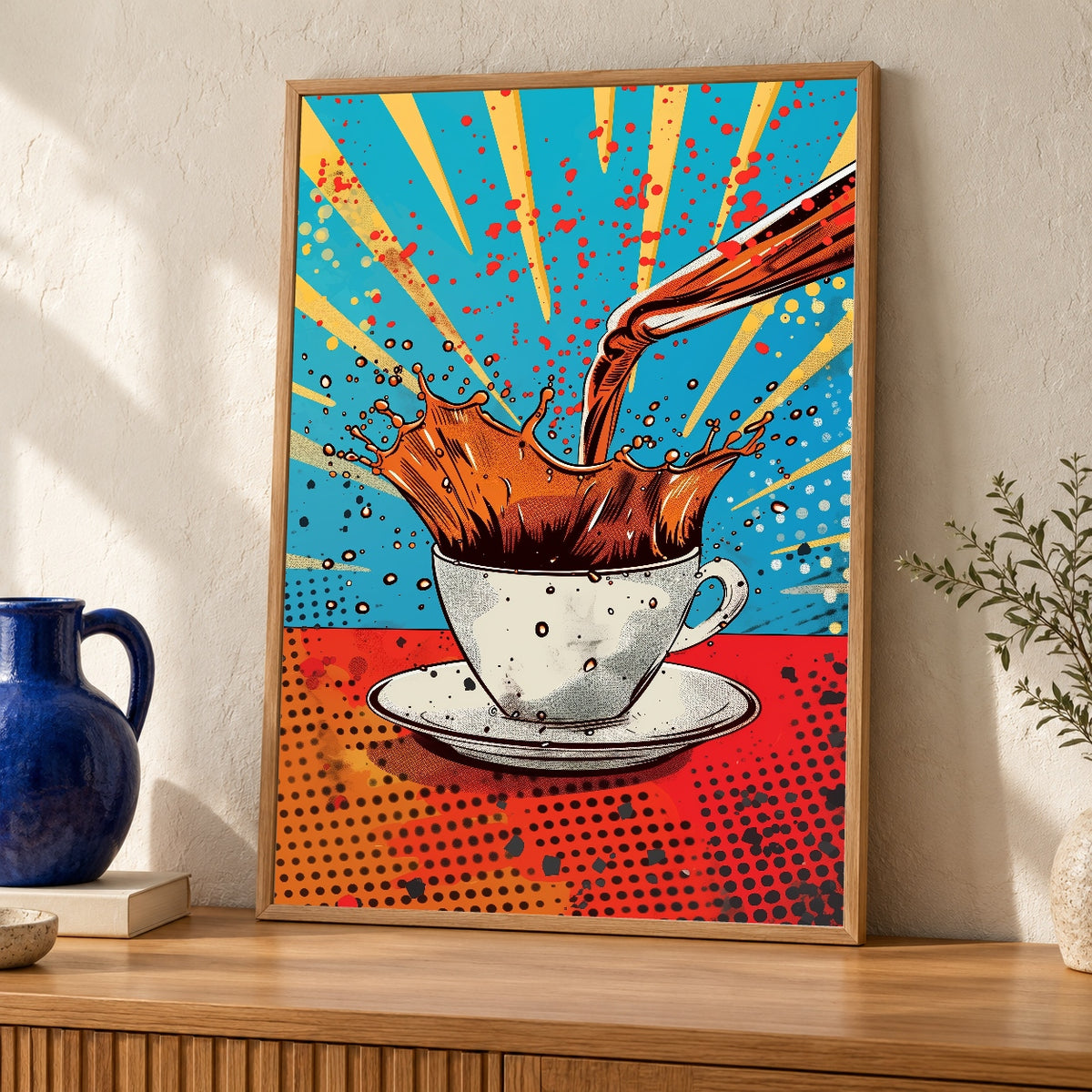 Retro Coffee Art, Pop Art Splash Print, Vibrant Kitchen Poster — oak frame room mockup
