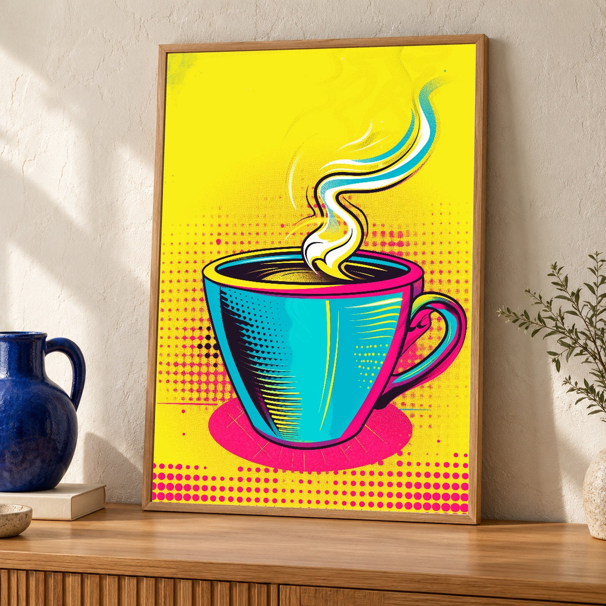 Retro Coffee Art, Pop Art Cup Print, Vibrant Kitchen Decor — oak frame room mockup