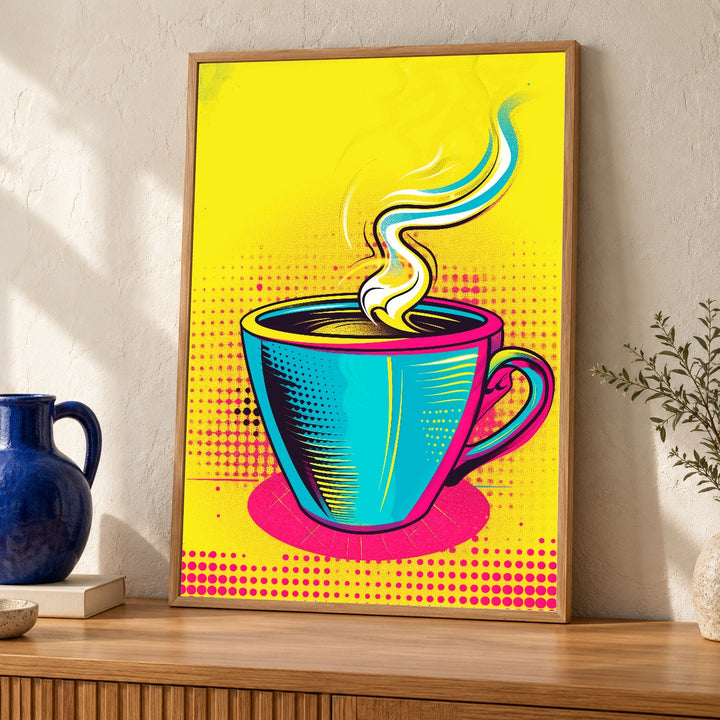 Retro Coffee Art, Pop Art Cup Print, Vibrant Kitchen Decor