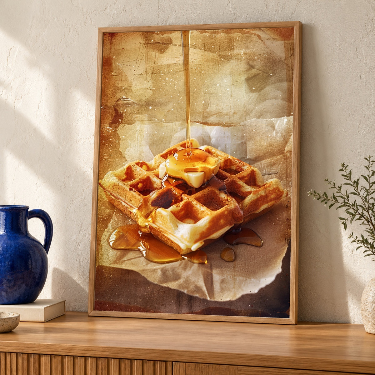 Kitchen Waffle Art, Golden Syrup Vintage Print — oak frame room mockup