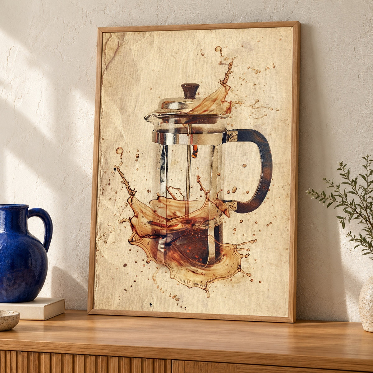 Retro Coffee Art, French Press Vintage Splash Print — oak frame room mockup