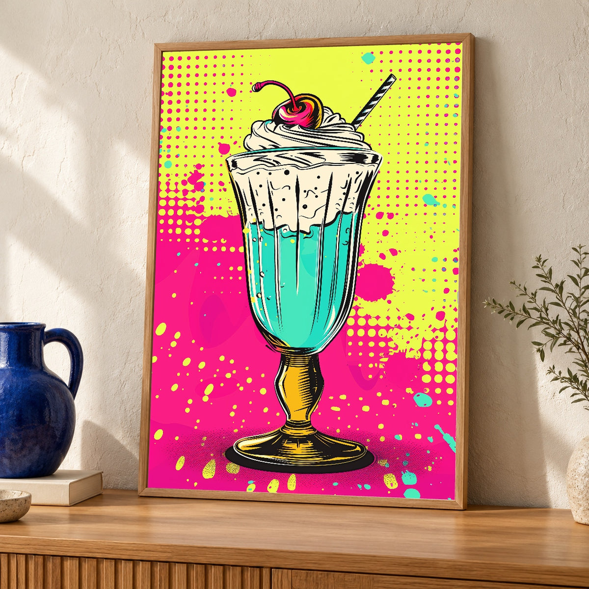 Retro Milkshake Art, Pop Art Poster, Vibrant 50s Diner Print — oak frame room mockup