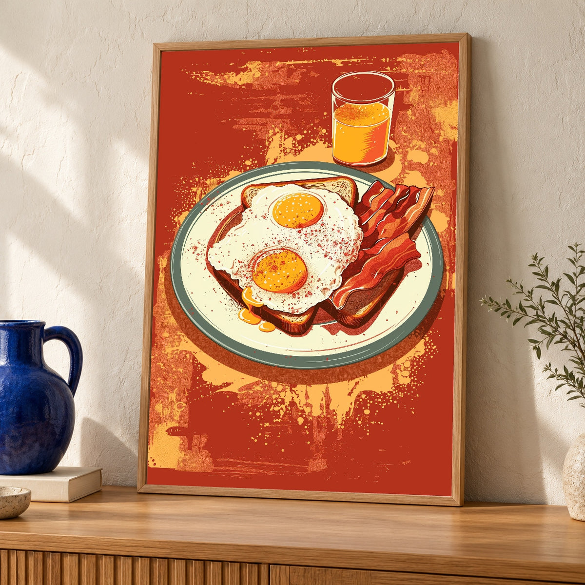 Retro Breakfast Art, Vintage Kitchen Print, Eggs Bacon Poster — oak frame room mockup