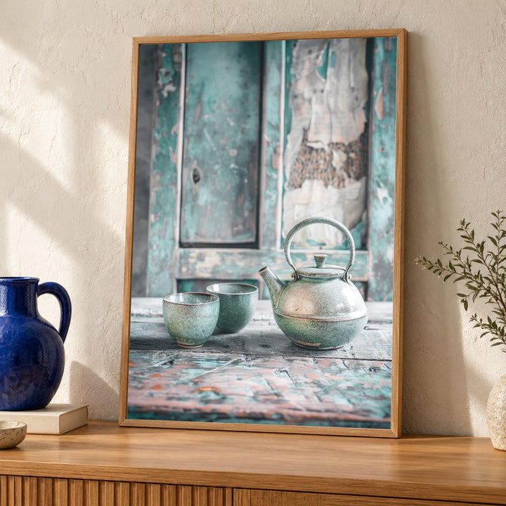 Rustic Teal Kitchen Art, Vintage Ceramic Teapot Print, Shabby Chic Decor