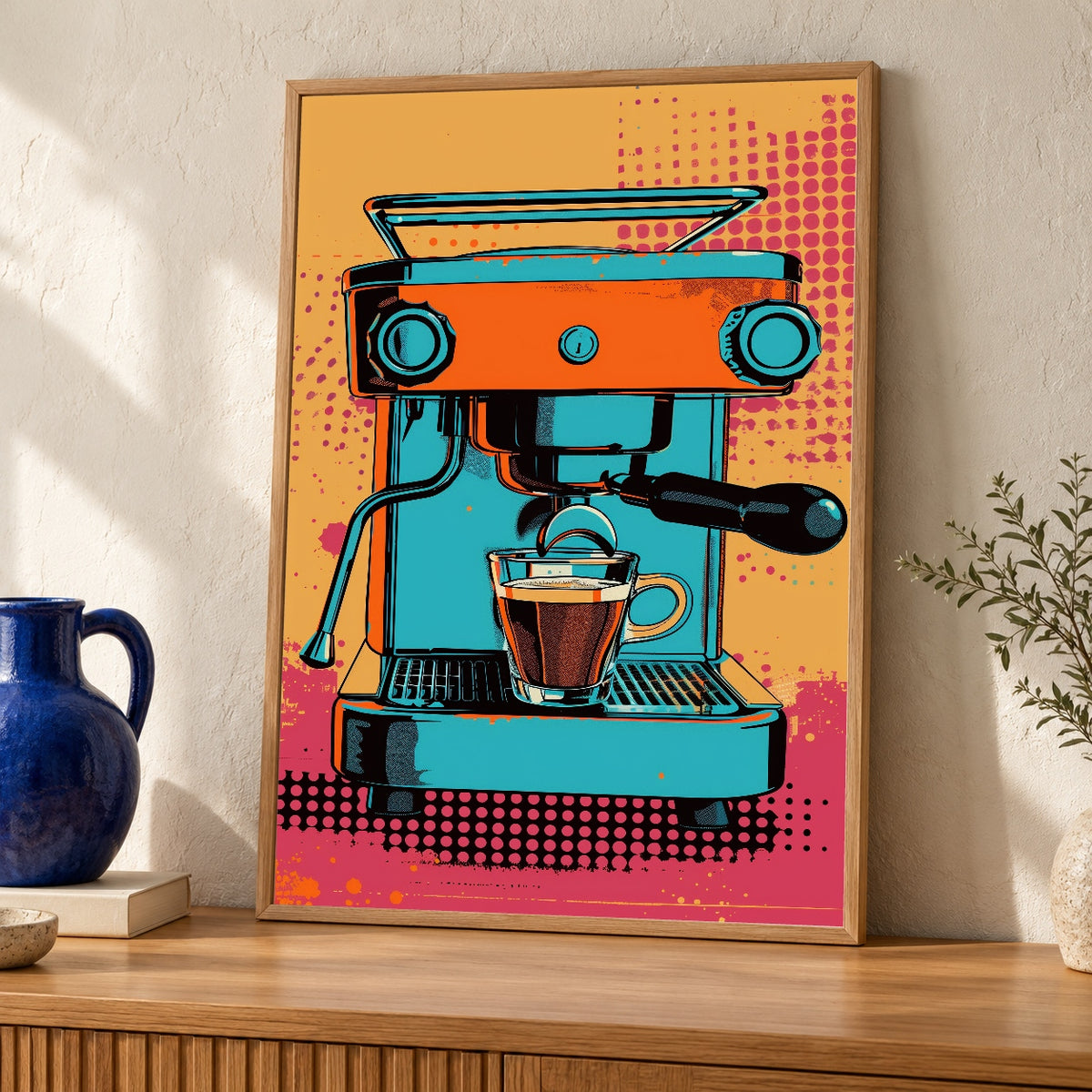 Retro Coffee Art, Mid-Century Espresso Machine Poster, Pop Decor — oak frame room mockup
