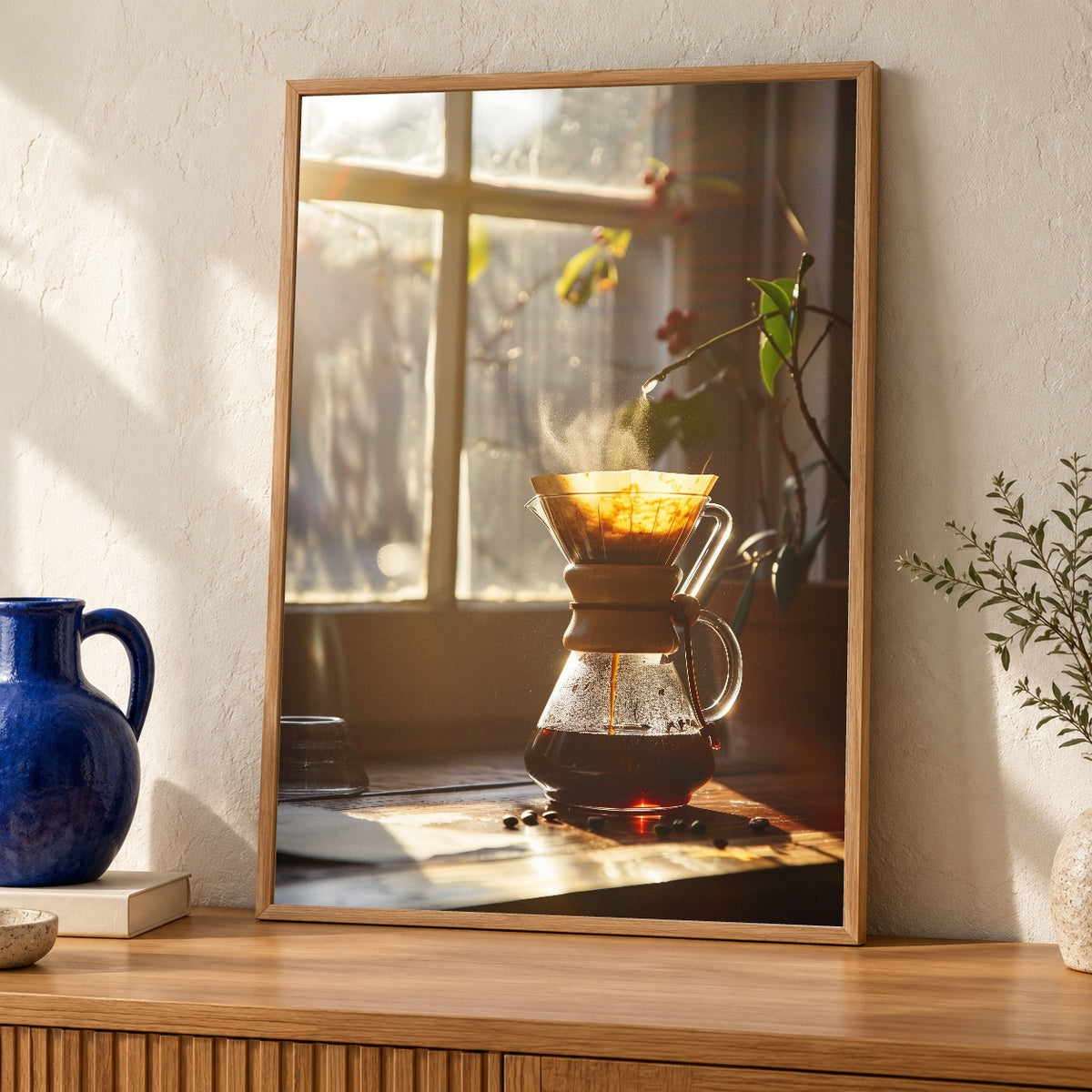 Morning Coffee Art, Pour Over Brewing Print, Sunlit Kitchen Decor — oak frame room mockup