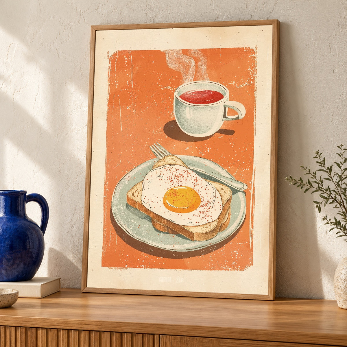Retro Coffee Art, Vintage Breakfast Egg Toast Illustration Print — oak frame room mockup