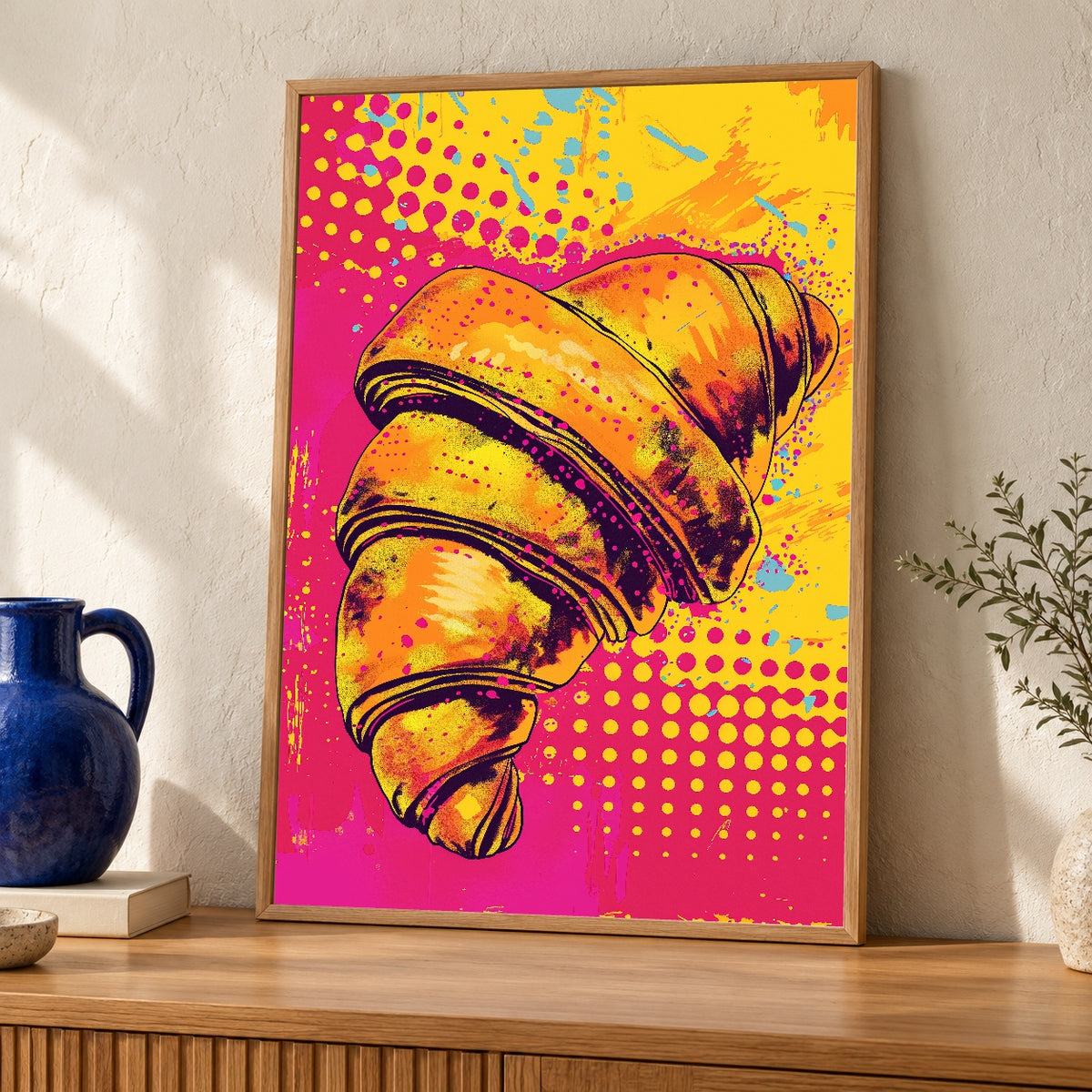 Pop Art Croissant, Bold Bakery Poster, Vibrant Kitchen Print — oak frame room mockup
