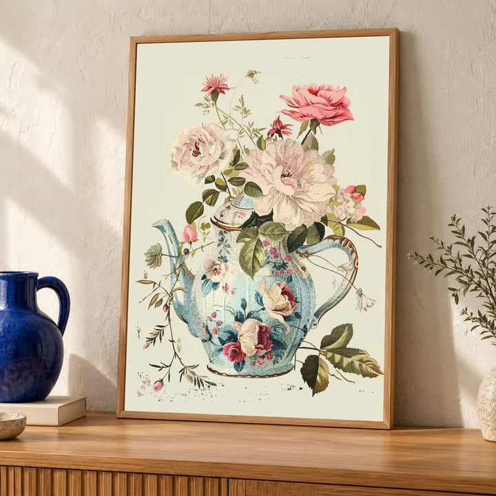 Vintage Floral Teapot, Shabby Chic Rose Illustration