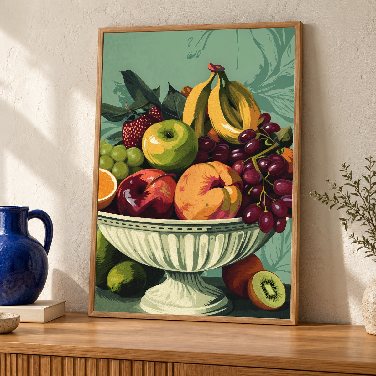 Retro Fruit Bowl Art, Vintage Still Life Kitchen Print — oak frame room mockup