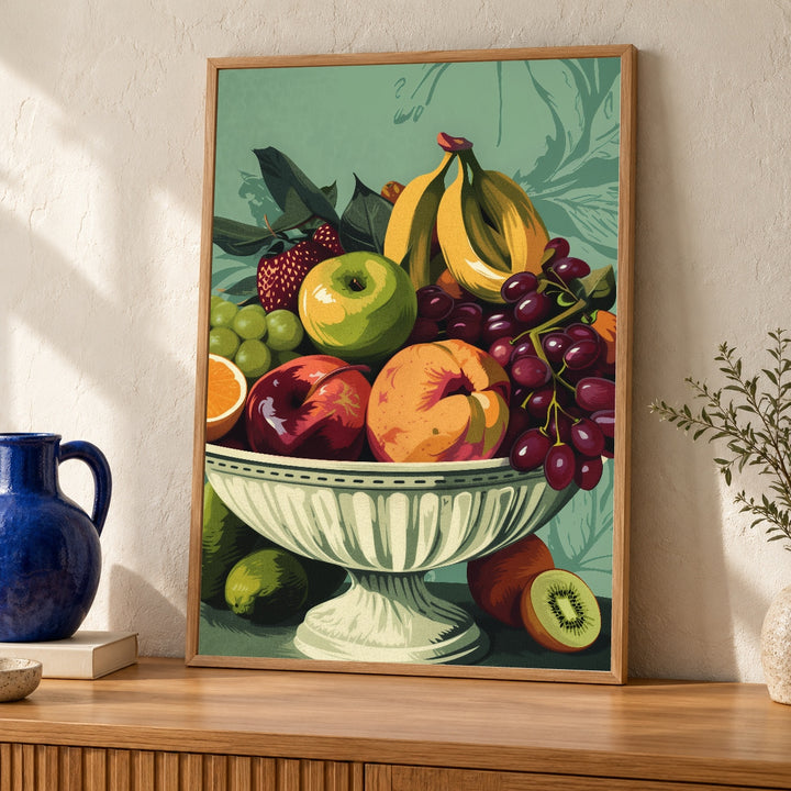 Retro Fruit Bowl Art, Vintage Still Life Kitchen Print