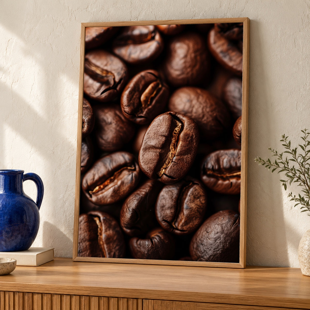 Coffee Bean Wall Art, Macro Roasted Print, Kitchen Decor — oak frame room mockup