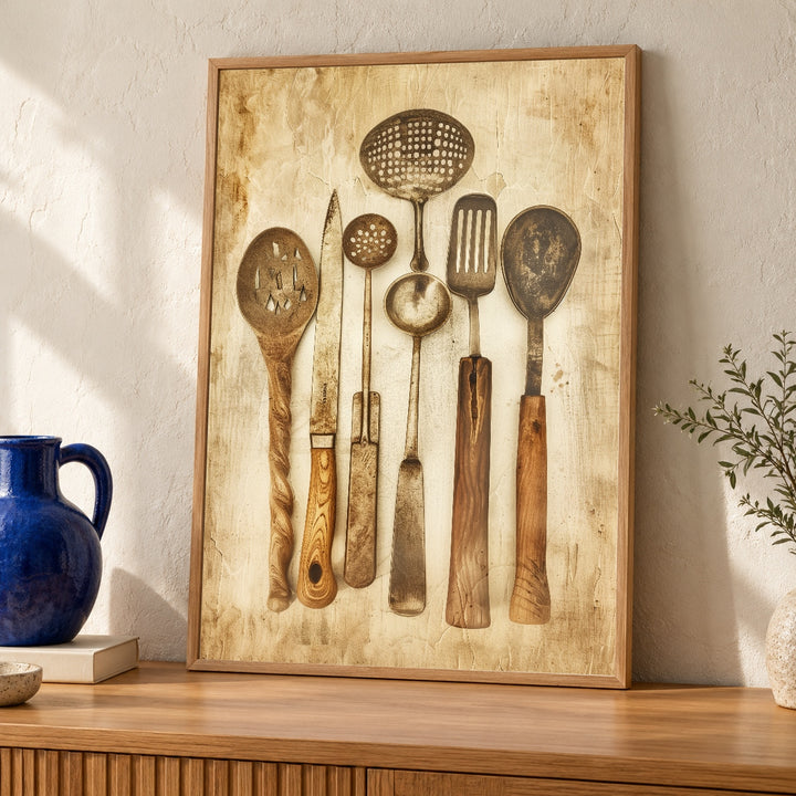 Vintage Kitchen Art, Antique Cooking Tools Print, Rustic Decor