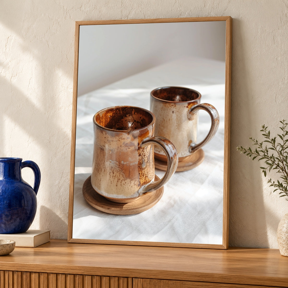 Rustic Ceramic Mug Art, Mid Century Modern Still Life Print — oak frame room mockup