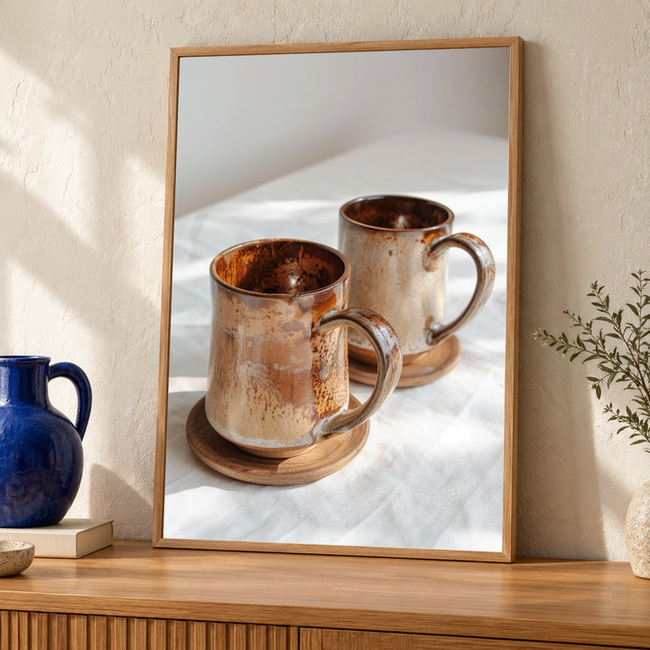 Rustic Ceramic Mug Art, Mid Century Modern Still Life Print