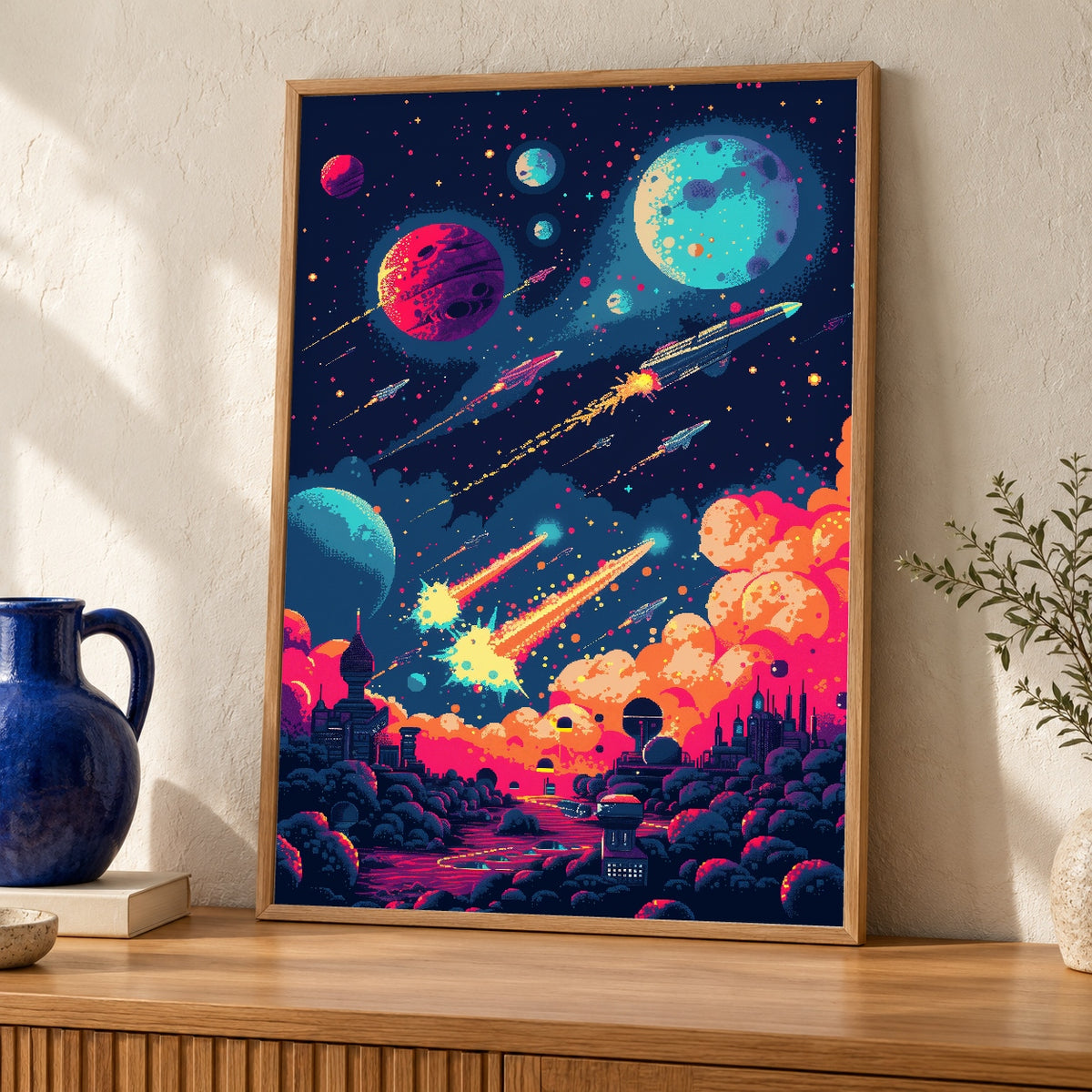 Retro Space Art, 8-Bit Pixel Sci-Fi Battle Poster, Gamer Gift — oak frame room mockup