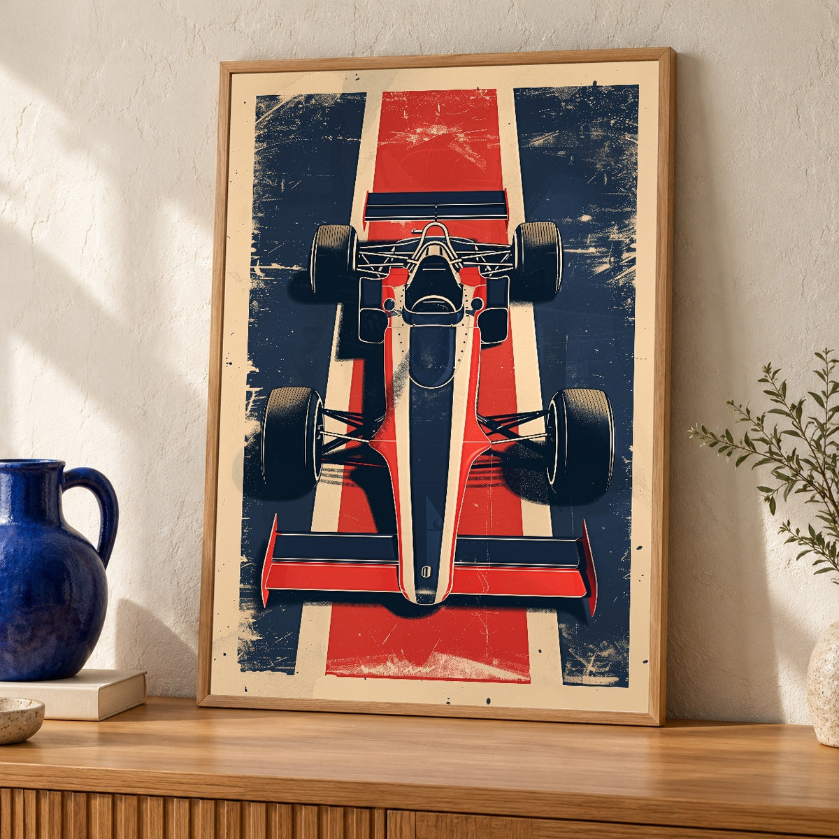 Retro Racing Car Art, Vintage Formula 1 Poster, Mid Century Print — oak frame room mockup