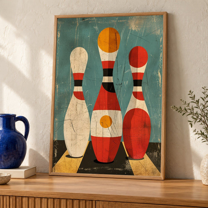 Retro Bowling Art, Vintage 60s Pin Poster, Mid Century Decor
